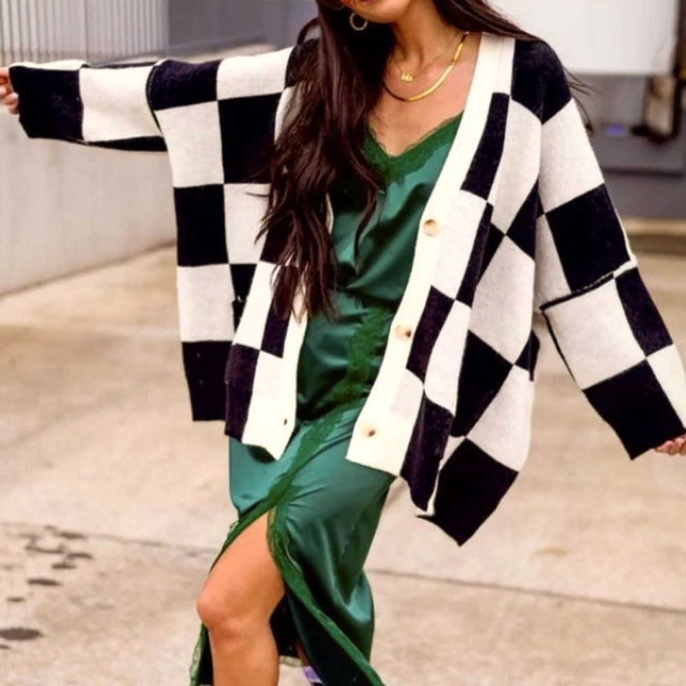 Dressed in LALA Black and White Checkered Cardigan